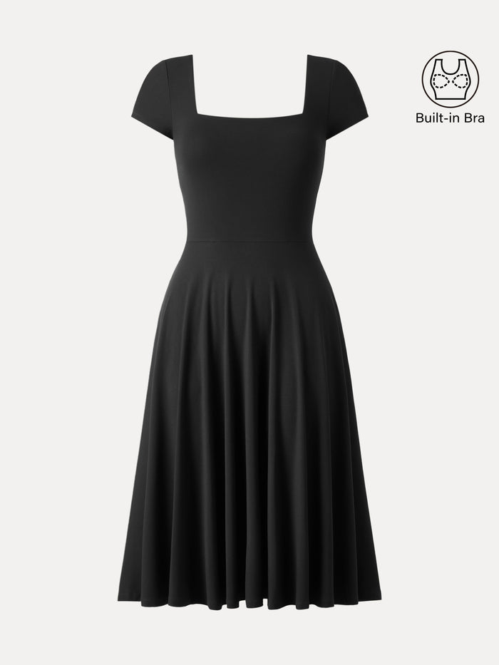 Flowy Square Neck Short Sleeve Midi Bra Dress