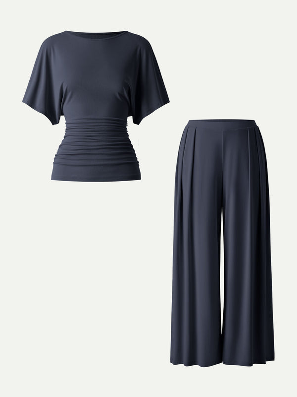 2Pcs Set Boatneck Batwing Sleeve Top & Wide Leg Palazzo Pant with Pockets