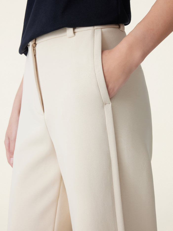 Stretchy Mid Rise Fly-Front Wide Leg Trouser