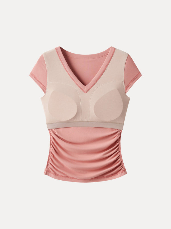 Elevated V-neck Side Ruched Cap Sleeve Bra Tee