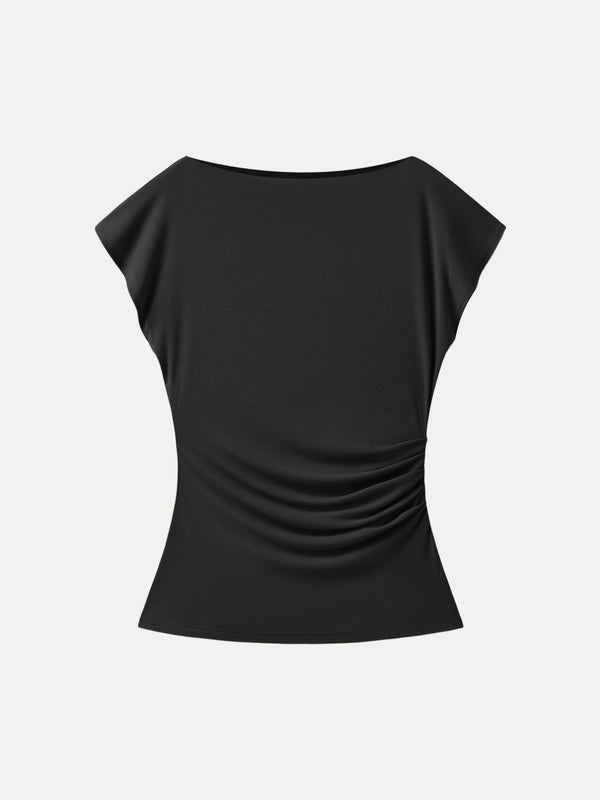 Boatneck Flutter Sleeve Side Tucked Long Tee