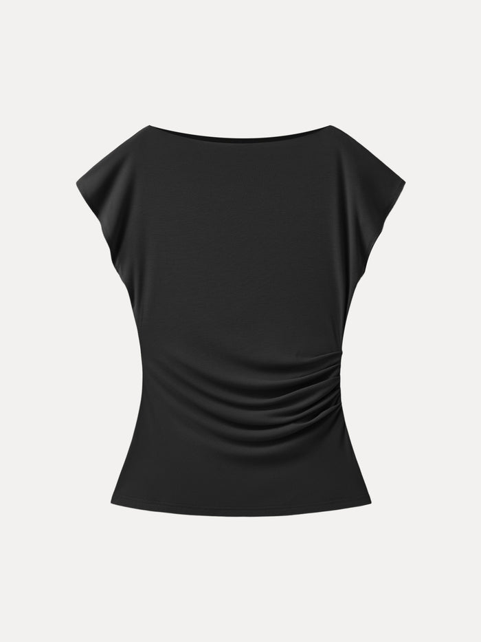 Boatneck Flutter Sleeve Side Tucked Long Tee