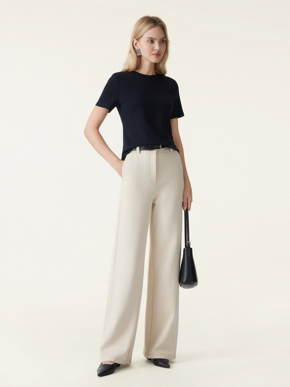 Stretchy Mid Rise Fly-Front Wide Leg Trouser