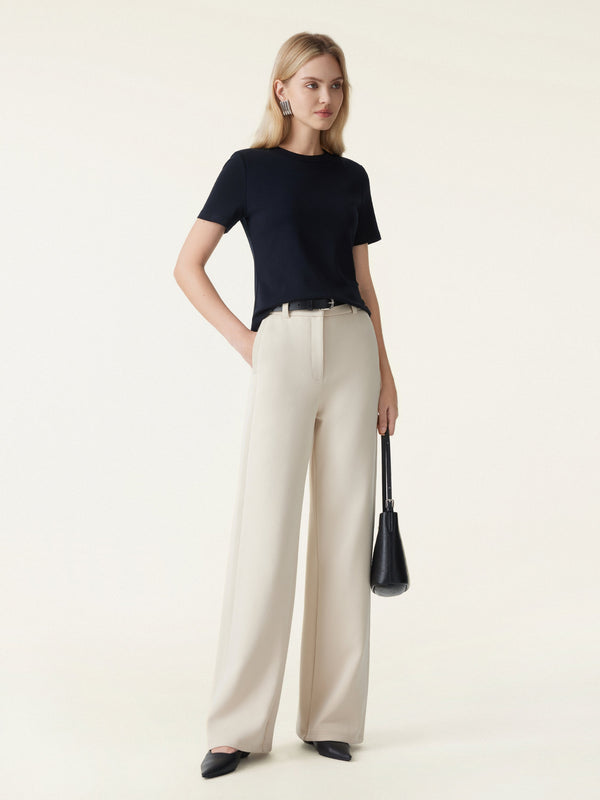 Stretchy Mid Rise Fly-Front Wide Leg Trouser