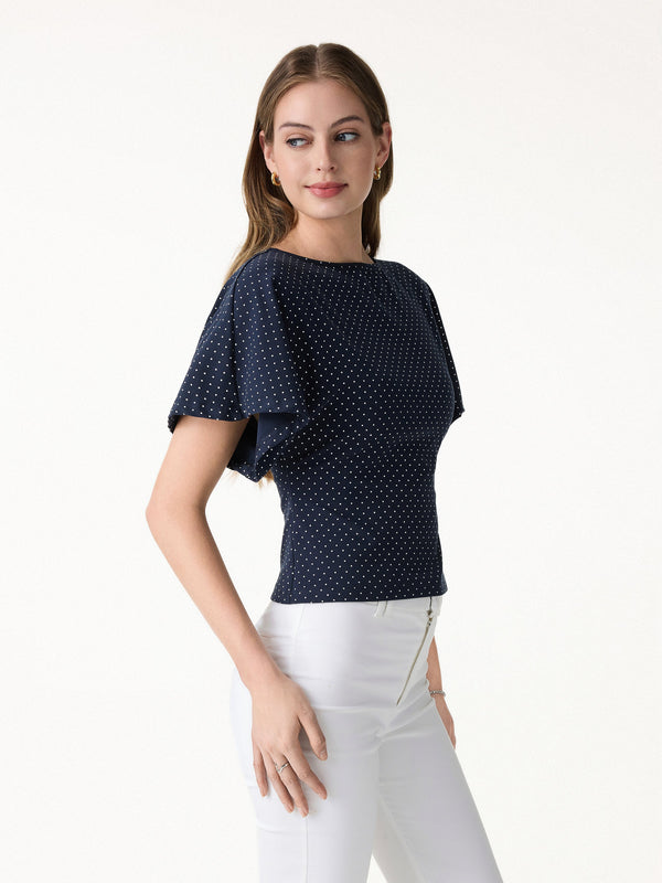Soft Stretch Cotton Boatneck Flutter Sleeves Polka Dot Top Limited Edition