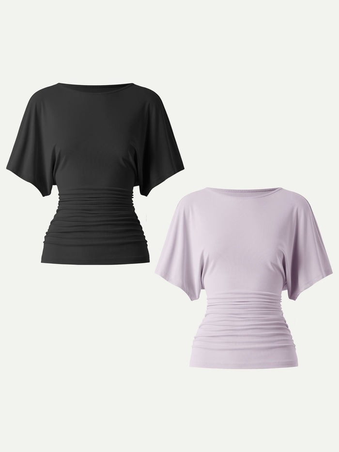 Effortless Boatneck Batwing Sleeve Side Ruched Top