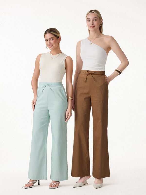 Wrinkle-Resistant Linen Drawstring Wide Leg Pant with Pockets