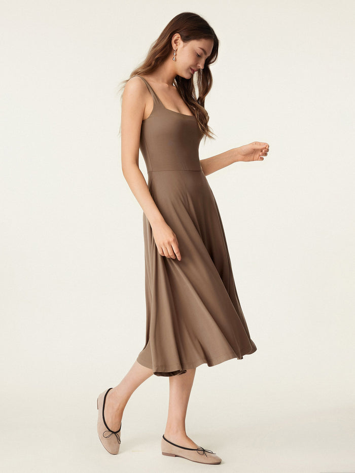 Square Neck Flowy New Airy Bra Midi Dress