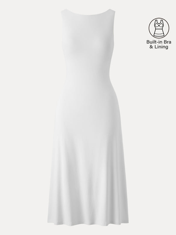 Classy Boatneck Open Back Bandless Midi Bra Dress