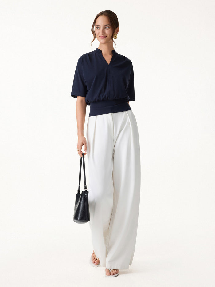 Stand Collar V-Neck Short Sleeve Top