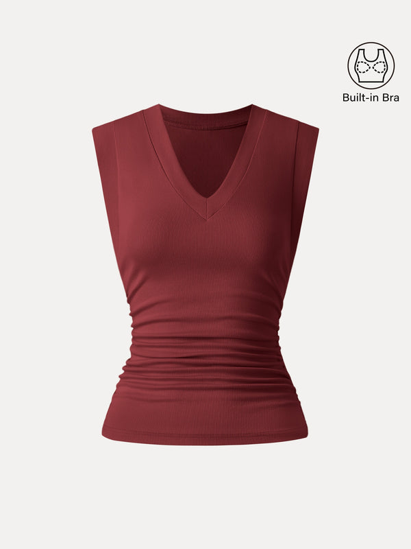 Stretch Cotton V-neck Side Ruched Muscle Bra Top