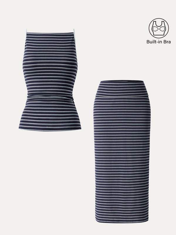 2Pcs Set Striped Spaghetti Bra Top & Low Rise Striped Midi Skirt