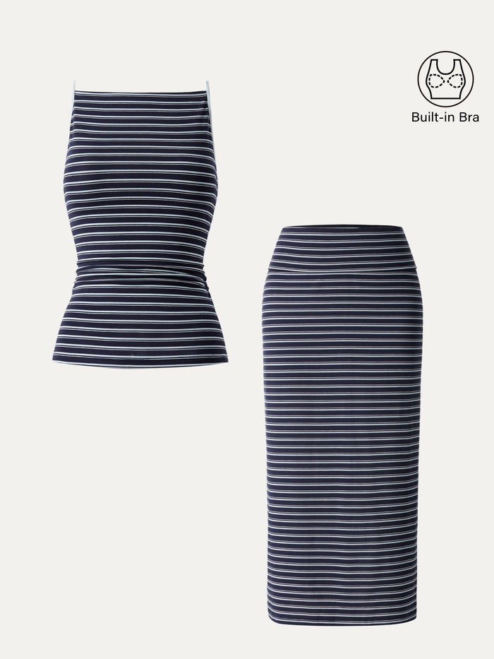 2Pcs Set Striped Spaghetti Bra Top & Low Rise Striped Midi Skirt