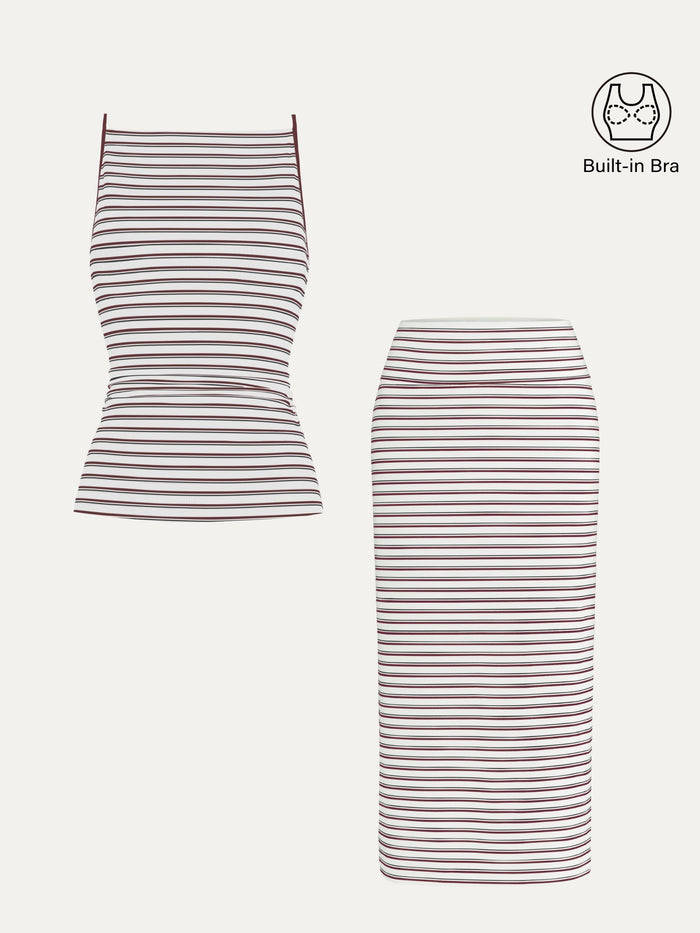 2Pcs Set Striped Spaghetti Bra Top & Low Rise Striped Midi Skirt