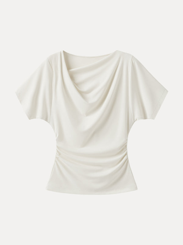 Asymmetrical Cowl Neck Ruched Top