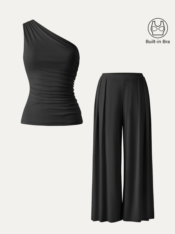 2Pcs Set Regular Wide Leg Palazzo Pant with Pockets & Ruched Bra Tank