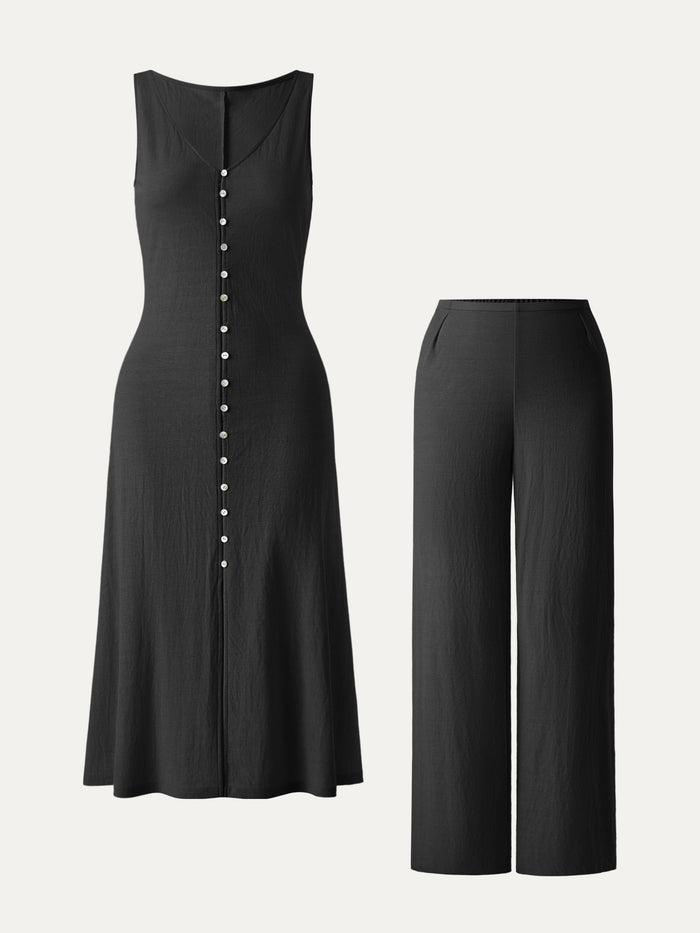 2Pcs Set V-neck Button Front Midi Vest Dress & Mid Rise Straight Leg Pant