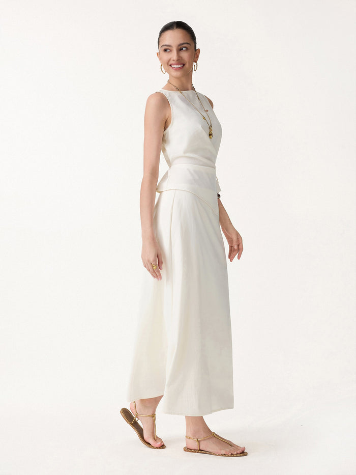 2Pcs Set Boatneck Waist-Defined Top & Maxi Flared Pull-On Skirt