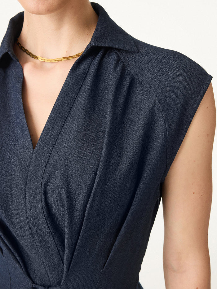 Viscose-Linen Collared V-neck Midi Dress with Drawstring