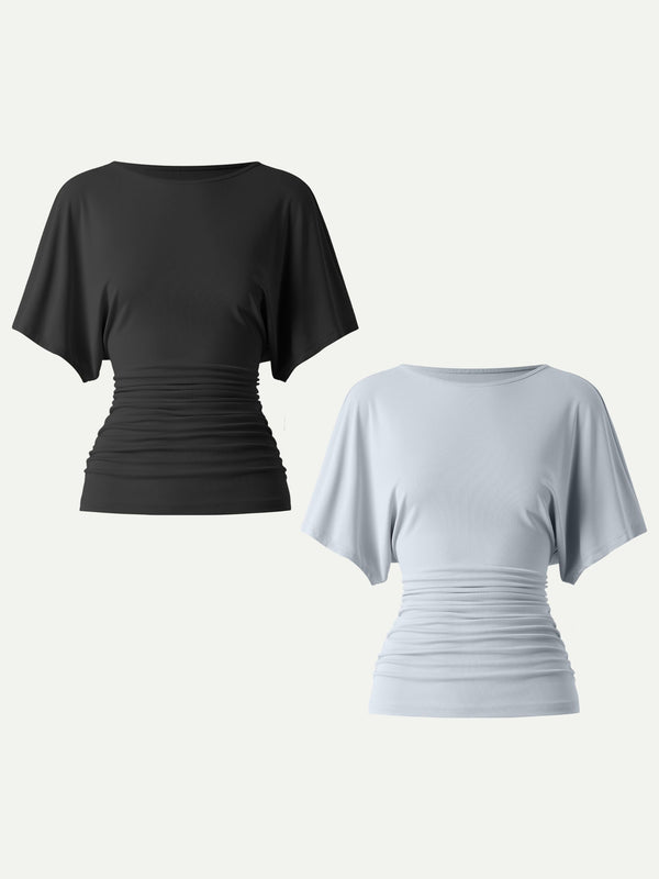 Effortless Boatneck Batwing Sleeve Side Ruched Top