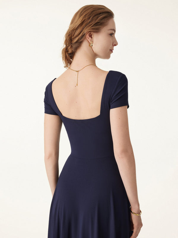 Flowy Square Neck Short Sleeve Midi Bra Dress