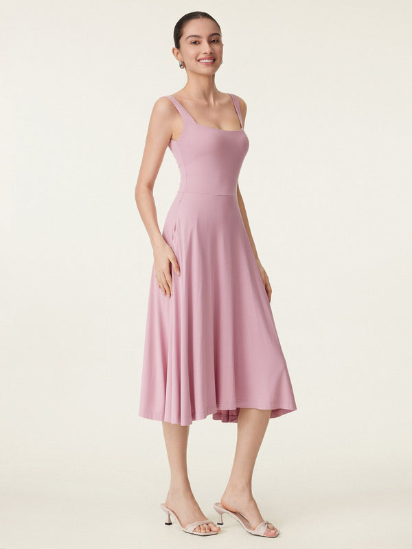 Square Neck Flowy New Airy Bra Midi Dress