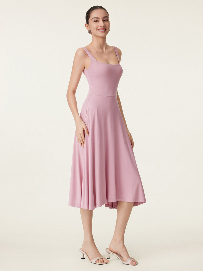 Square Neck Flowy New Airy Bra Midi Dress