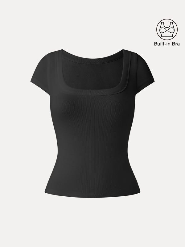 Stretch Cotton Square Neck Cap Sleeve Bra Top