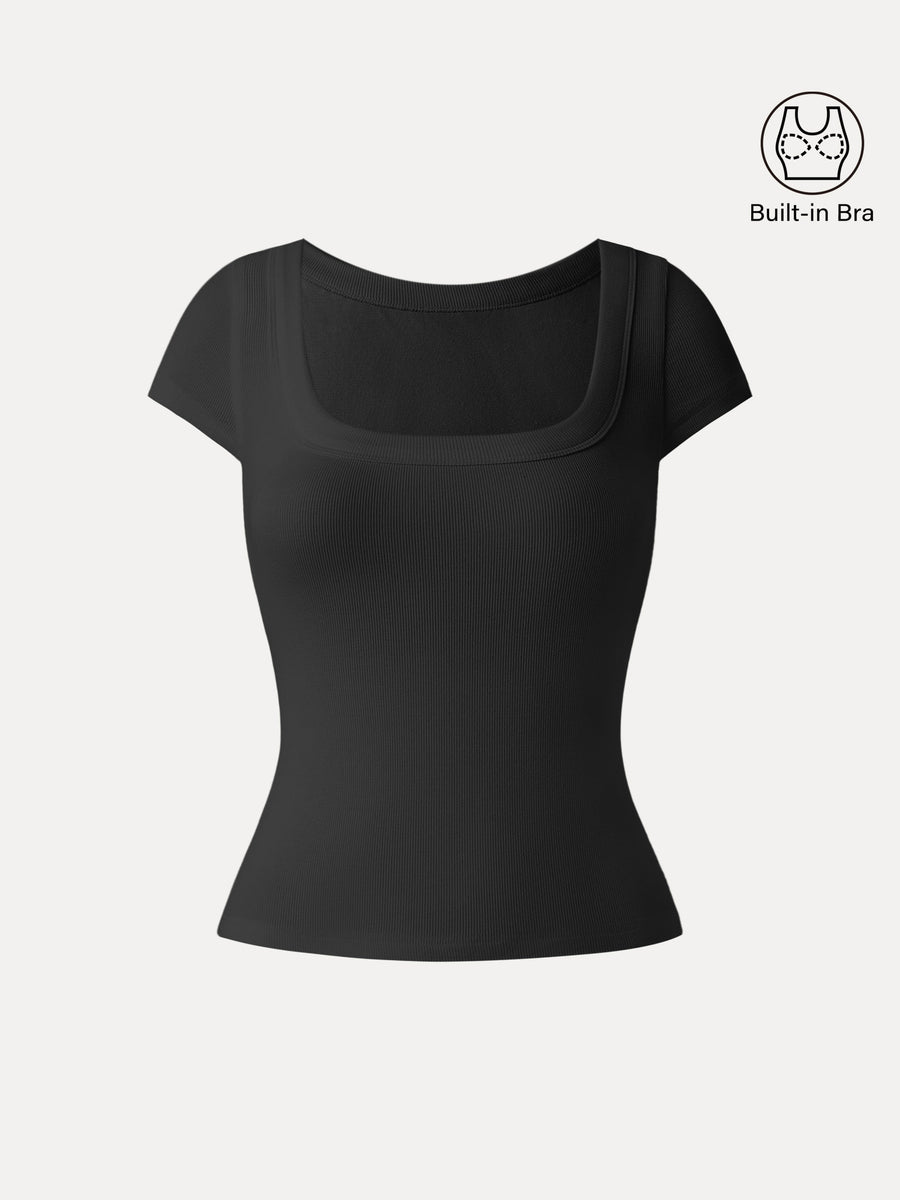 Stretch Cotton Square Neck Cap Sleeve Bra Top