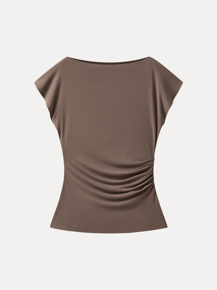 Boatneck Flutter Sleeve Side Tucked Long Tee