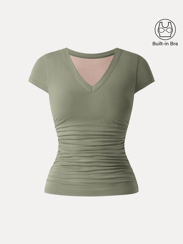 Elevated V-neck Side Ruched Cap Sleeve Bra Tee