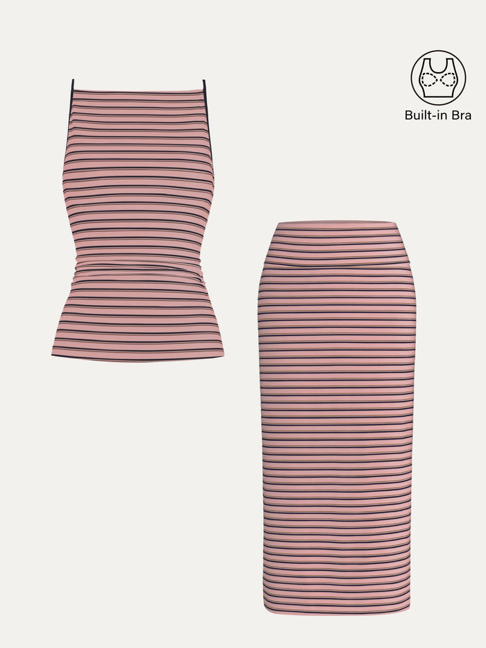 2Pcs Set Striped Spaghetti Bra Top & Low Rise Striped Midi Skirt