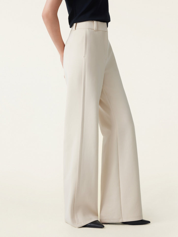 Stretchy Mid Rise Fly-Front Wide Leg Trouser