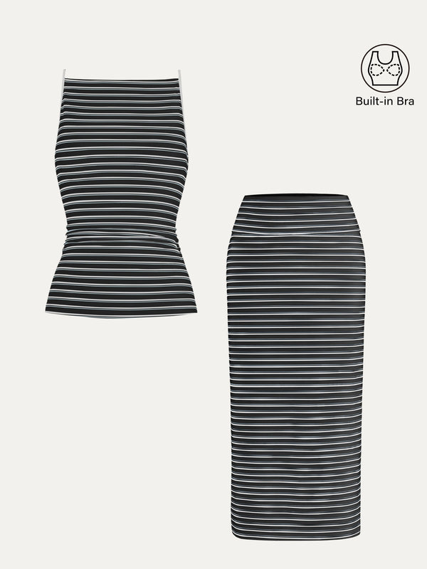 2Pcs Set Striped Spaghetti Bra Top & Low Rise Striped Midi Skirt
