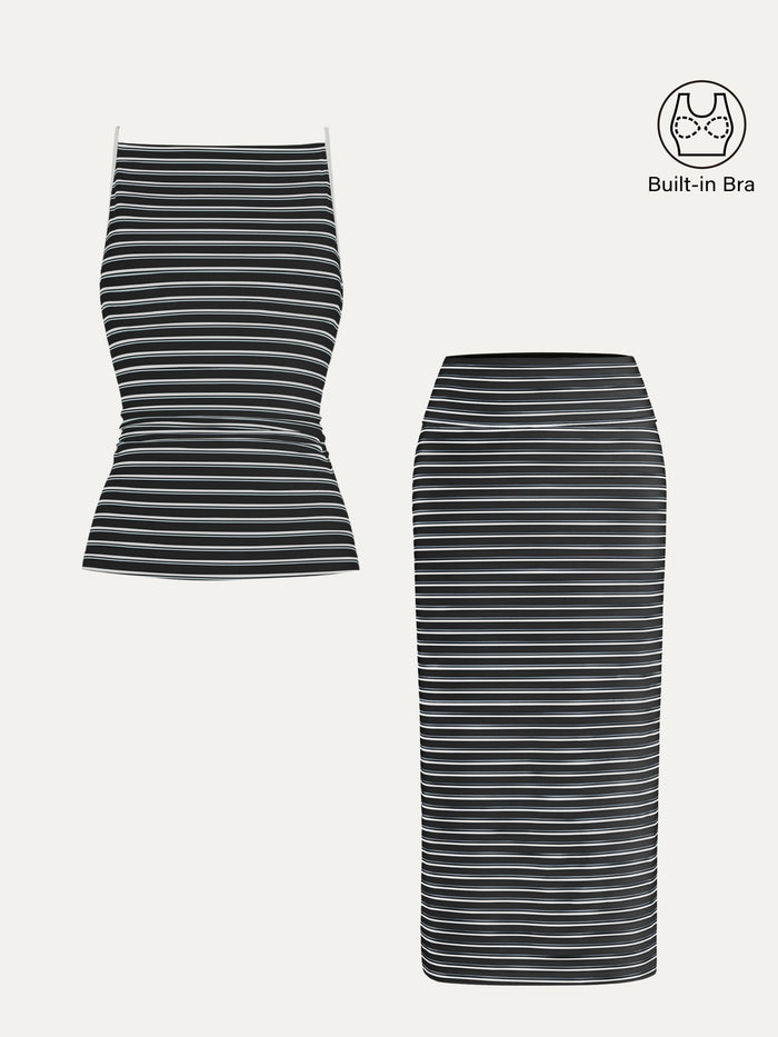 2Pcs Set Striped Spaghetti Bra Top & Low Rise Striped Midi Skirt