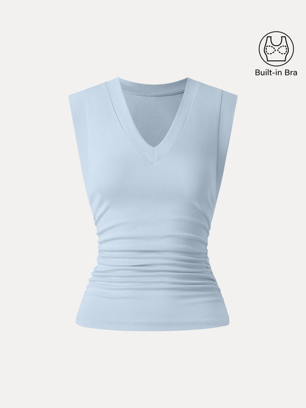 Stretch Cotton V-neck Side Ruched Muscle Bra Top