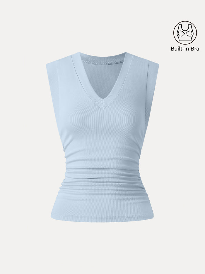 Stretch Cotton V-neck Side Ruched Muscle Bra Top