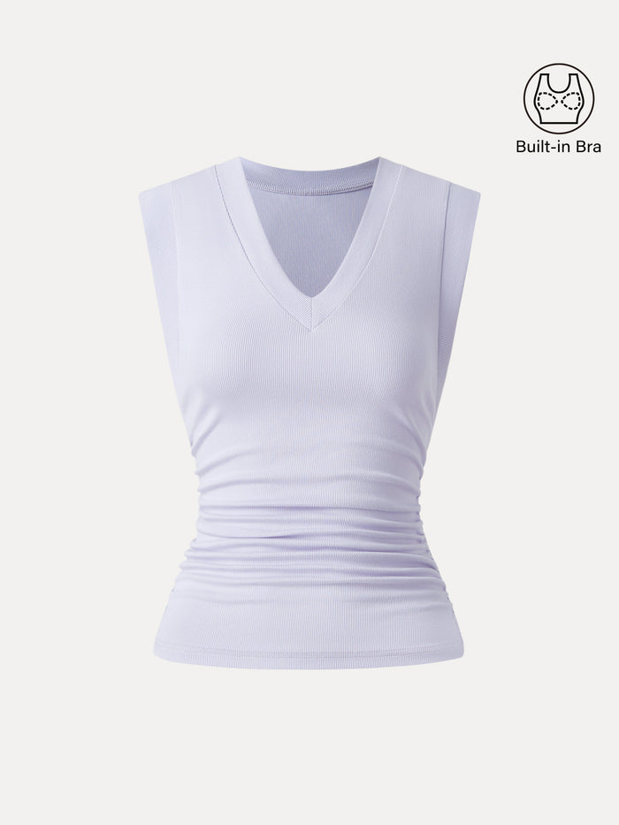 Stretch Cotton V-neck Side Ruched Muscle Bra Top