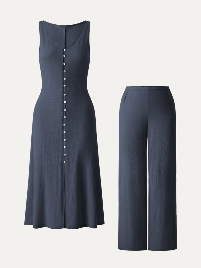 2Pcs Set V-neck Button Front Midi Vest Dress & Mid Rise Straight Leg Pant