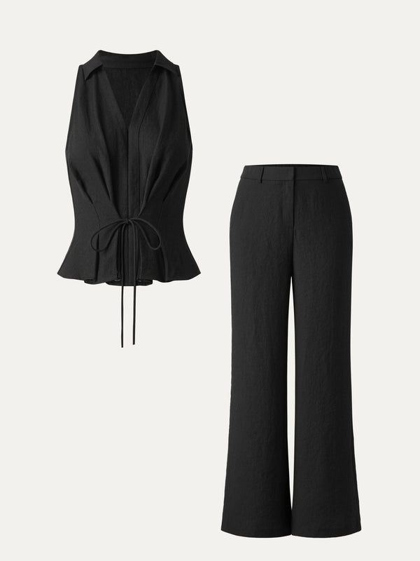 2Pcs Set Collared V-neck Sleeveless Top & Mid Rise Flared Pant with Pockets