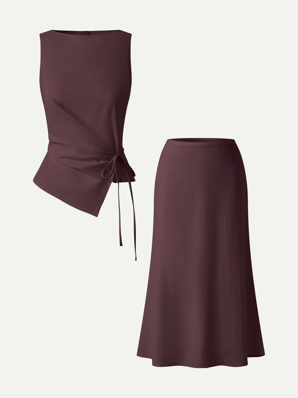 2Pcs Set Boatneck Waist-Defined Top & Maxi Flared Pull-On Skirt