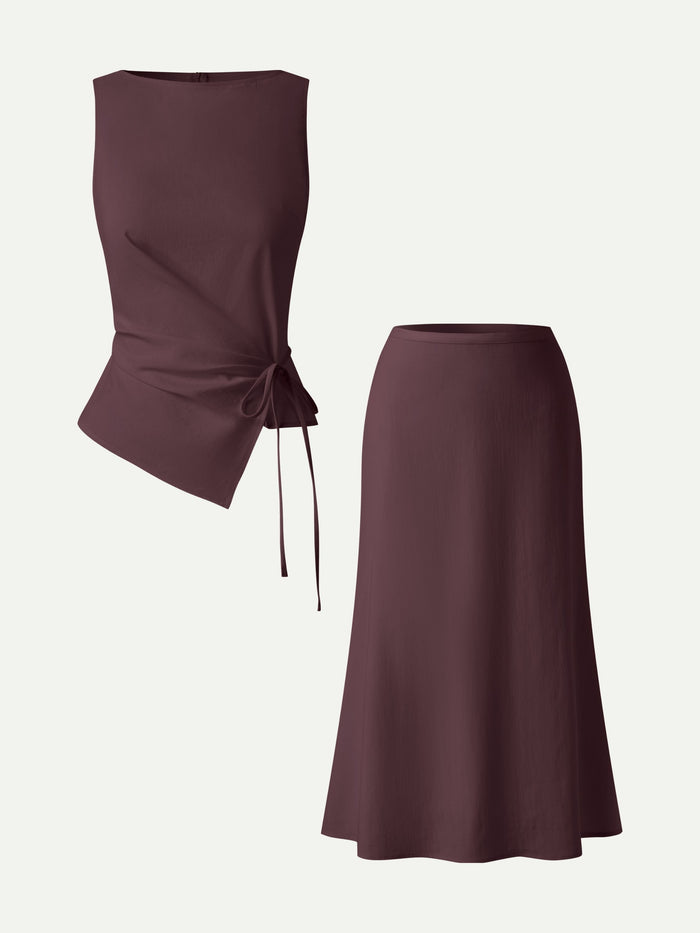 2Pcs Set Boatneck Waist-Defined Top & Maxi Flared Pull-On Skirt