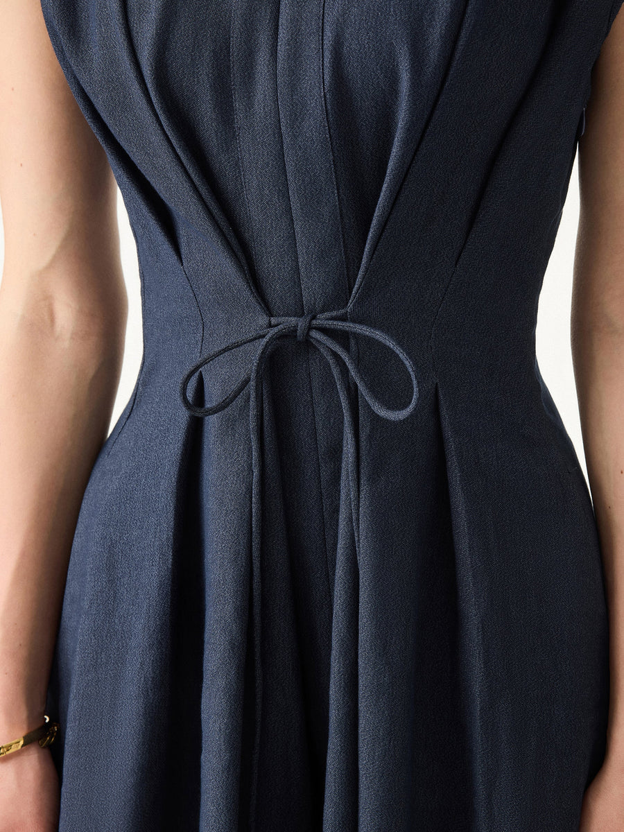 Viscose-Linen Collared V-neck Midi Dress with Drawstring