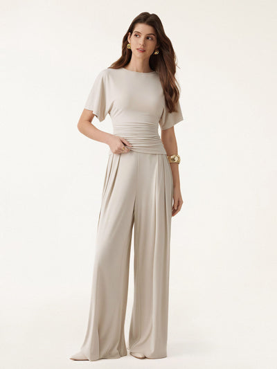 2Pcs Set Boatneck Batwing Sleeve Top & Wide Leg Palazzo Pant with Pockets