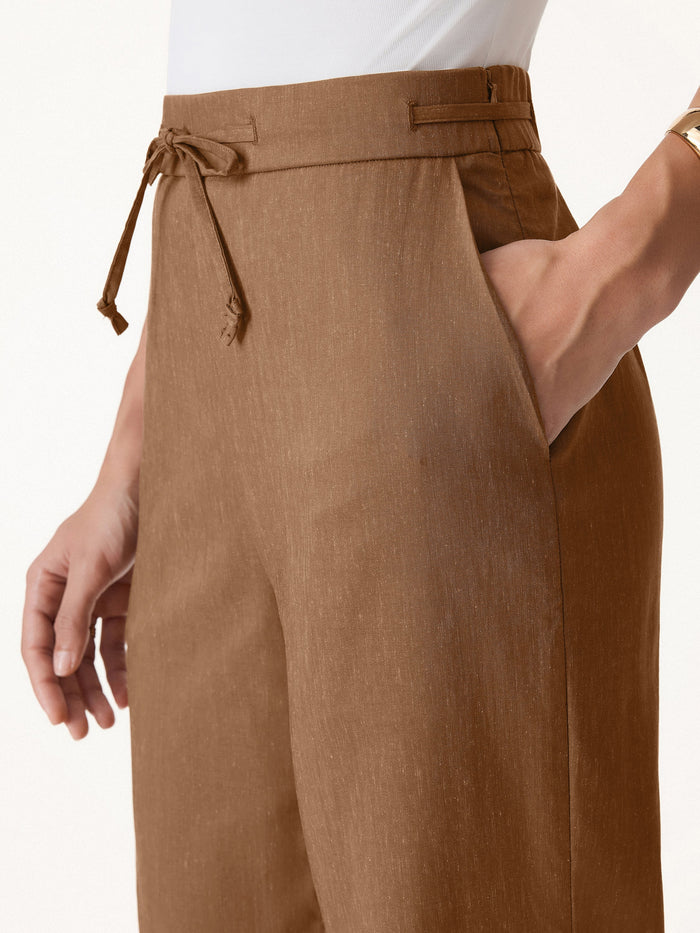 Wrinkle-Resistant Linen Drawstring Wide Leg Pant with Pockets
