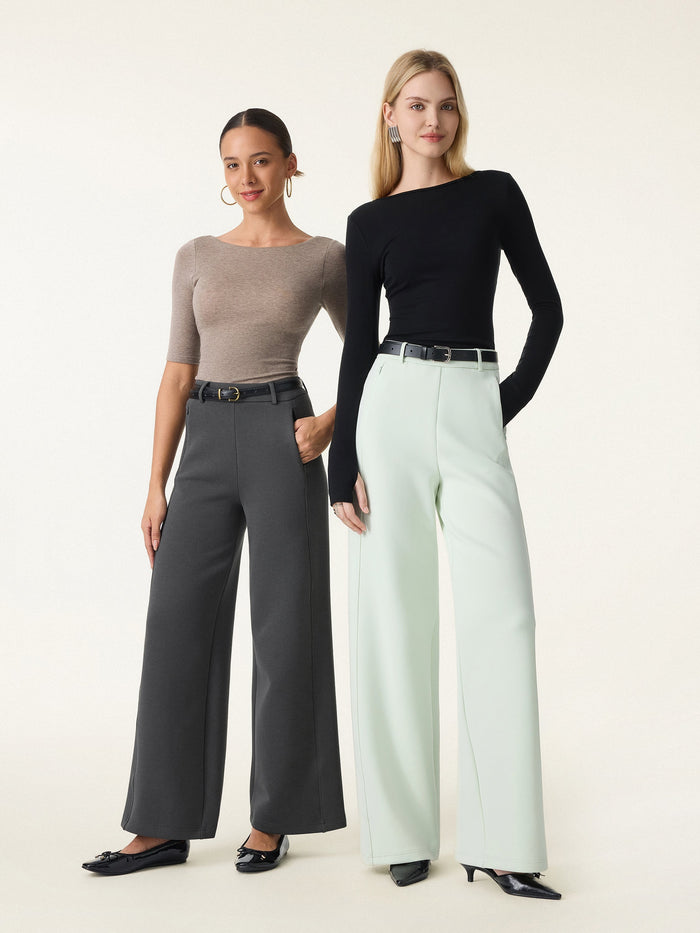 Stretch Cotton Blend Slimming High Rise Wide Leg Pant