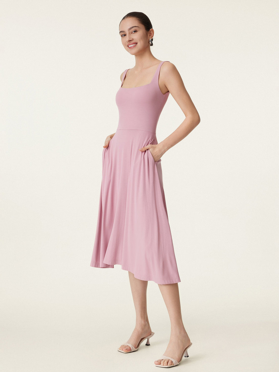 Square Neck Flowy New Airy Bra Midi Dress