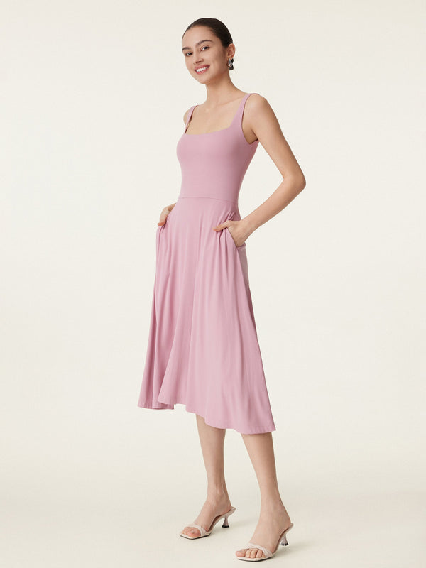 Square Neck Flowy New Airy Bra Midi Dress