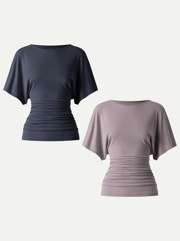 Effortless Boatneck Batwing Sleeve Side Ruched Top