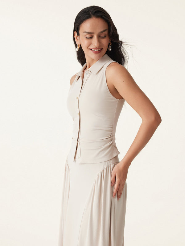Collared Faux Button Placket Side Ruched Vest Top